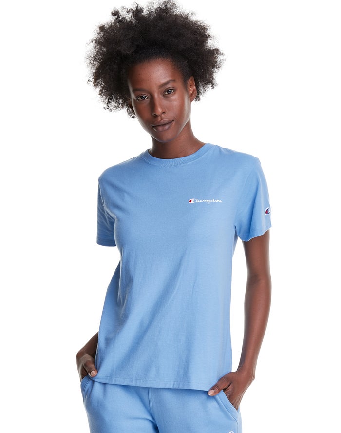 Champion Womens T-Shirt NZ - Classic Script Logo Light Blue ( 1956-CSHFN )